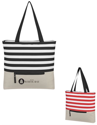 Lined Zippered Tote Bags feature a contrast striped pattern that makes